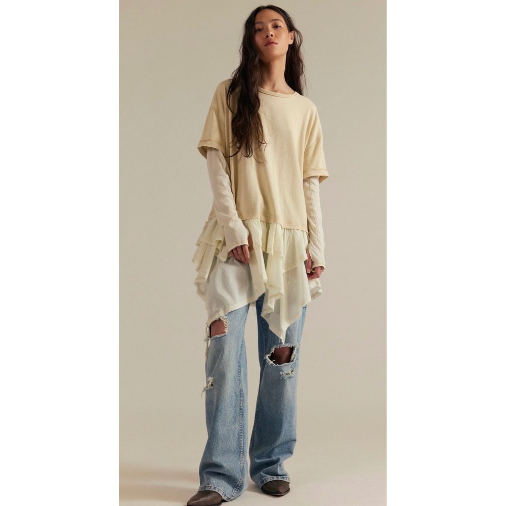 We The Free Tattered Love Layered Ruffle layered Tunic Tee NWOT summer sand